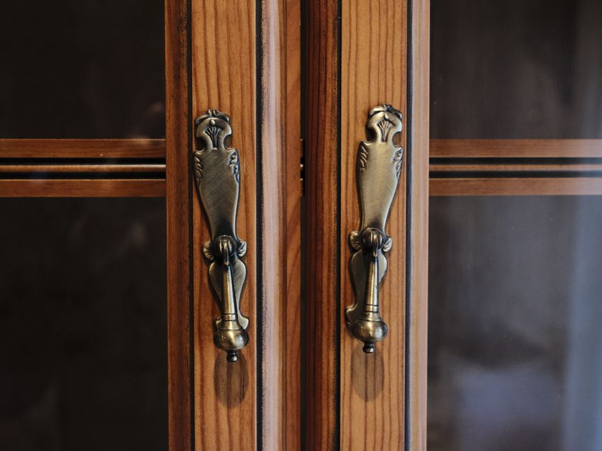 Kitchen cabinet brass hardware and countertops